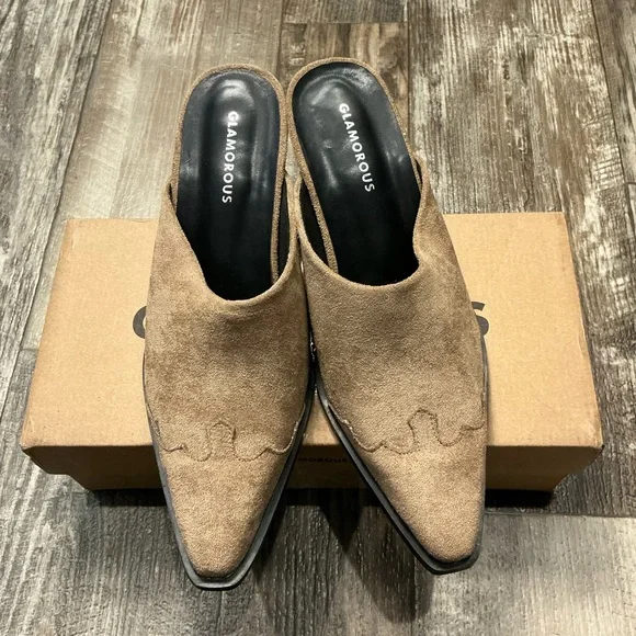 Glamorous Taupe Pointed Mule Heels Size 8 - Picture 5 of 16